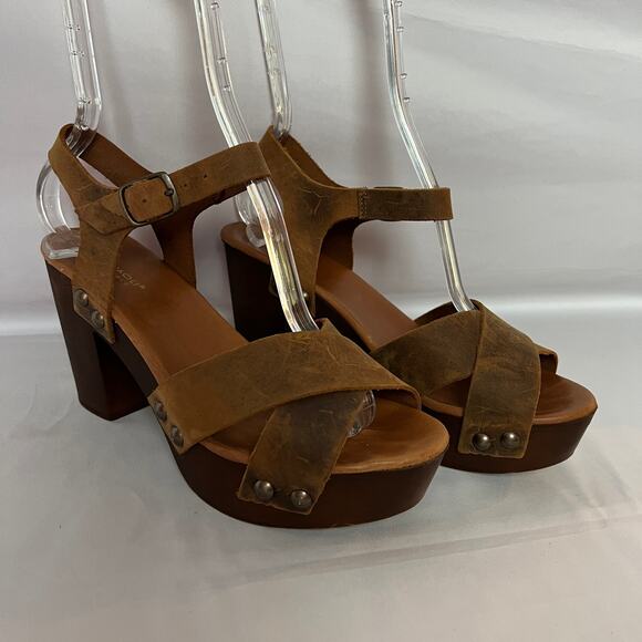 Mila Paoli Brown Distressed Leather Chunky Block Heel Sandals Size 8.5 - Picture 1 of 8